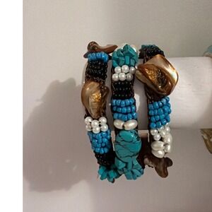 Boho Turquoise Mother‎ of Pearl Beaded Macrame Cuff Bracelet Blue Brown India